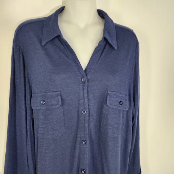 Chico's Womens Top Knit Button 3/4 Tab Sleeve Blue Pockets Collared Size 2 Large - Picture 3 of 10